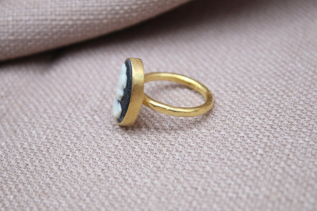 Victorian Cameo Ring Gold Plated Sterling Silver Vintage Portrait Statement Ring