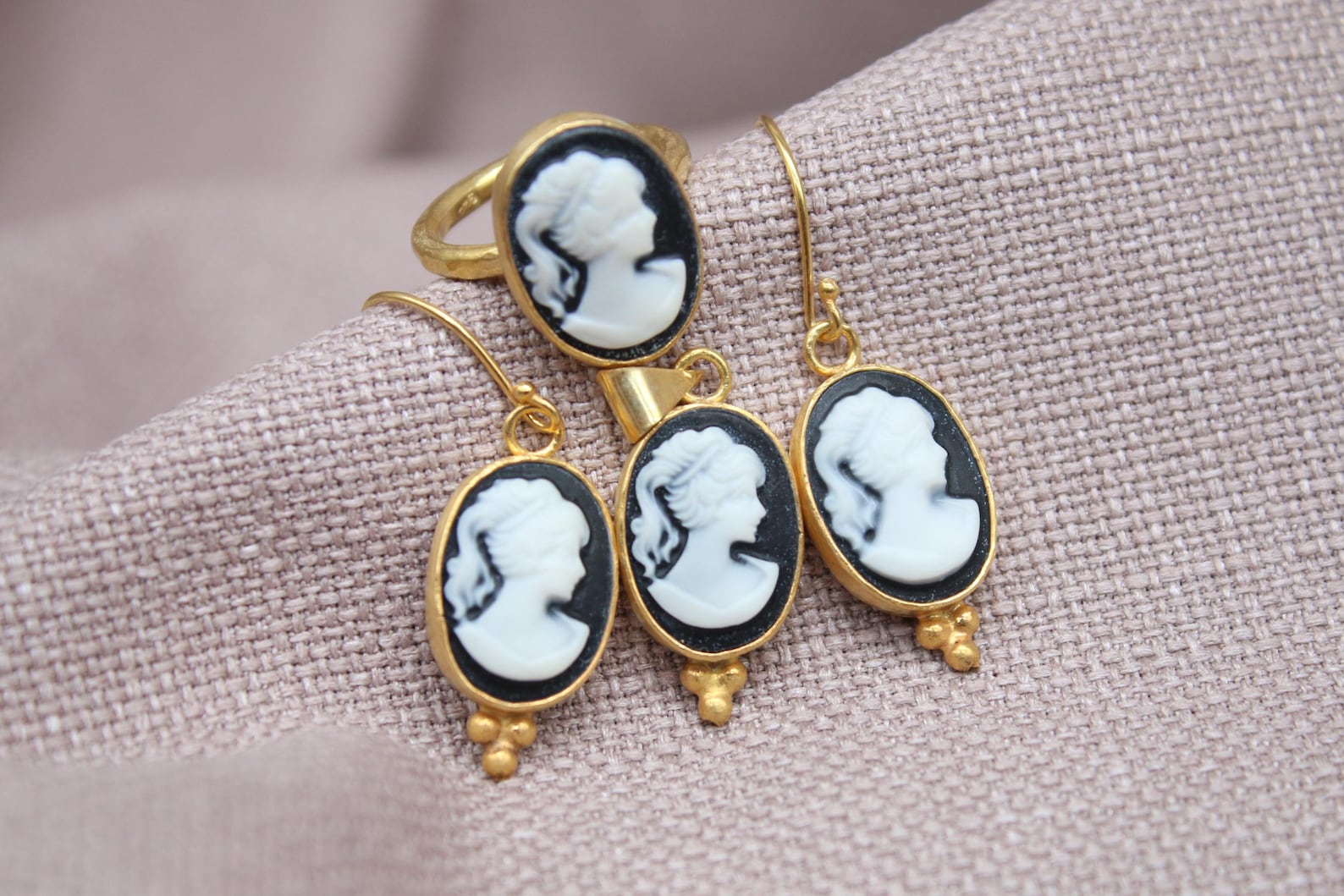 Victorian Cameo Jewelry Set Gold Plated Sterling Silver Ring Earrings Pendant