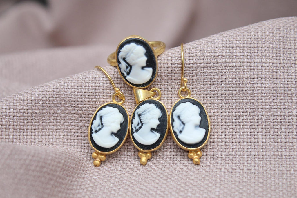 Victorian Cameo Jewelry Set Gold Plated Sterling Silver Ring Earrings Pendant