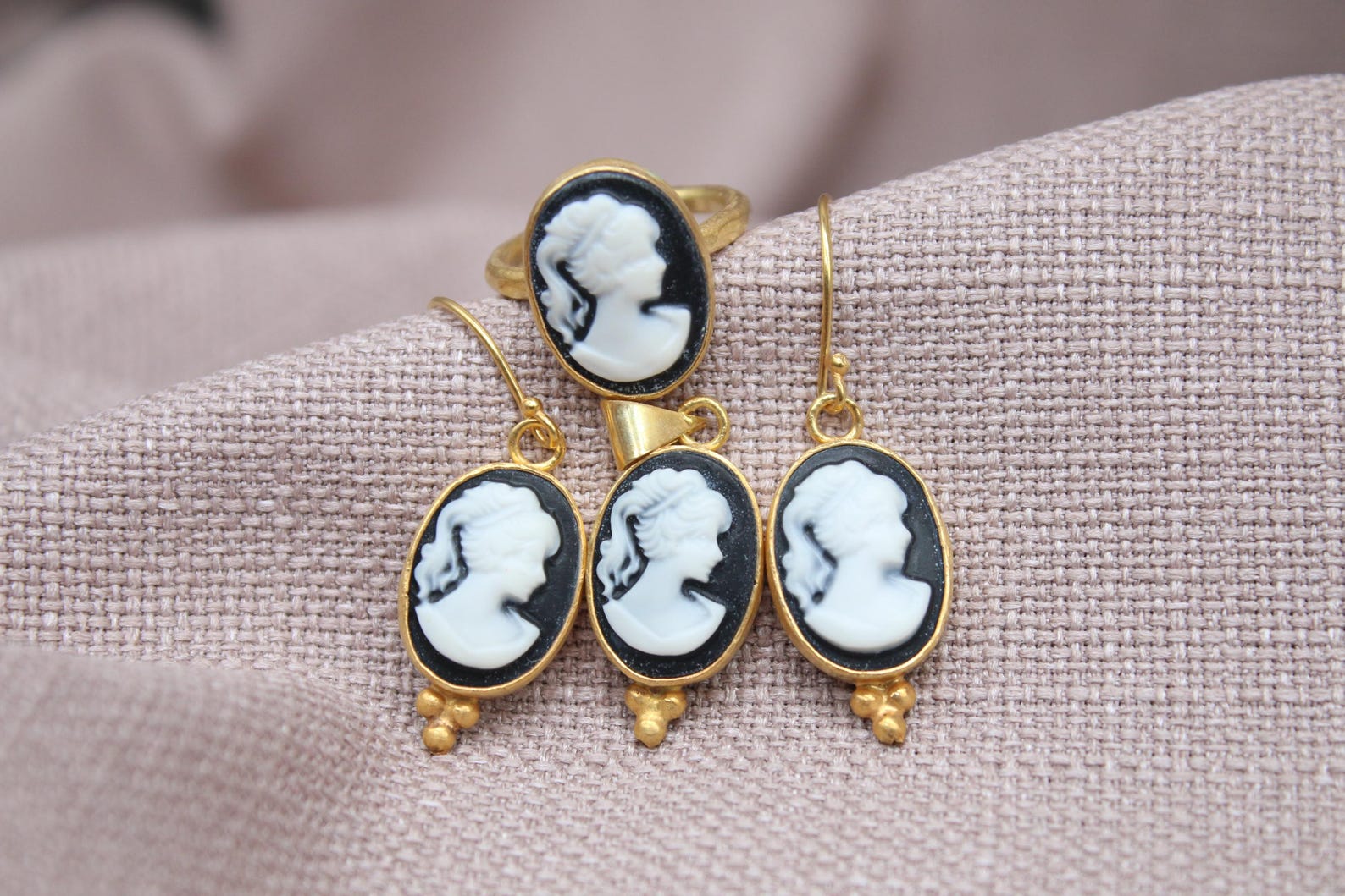 Victorian Cameo Jewelry Set Gold Plated Sterling Silver Ring Earrings Pendant