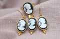 Victorian Cameo Jewelry Set Gold Plated Sterling Silver Ring Earrings Pendant