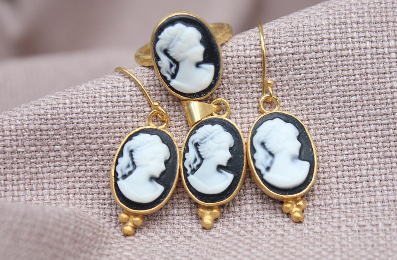 Victorian Cameo Jewelry Set Gold Plated Sterling Silver Ring Earrings Pendant
