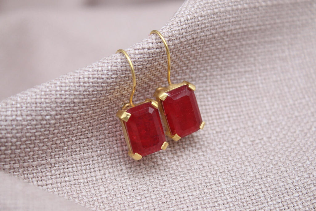 Rectangular Ruby Earrings Gold Plated Sterling Silver Gemstone Earrings