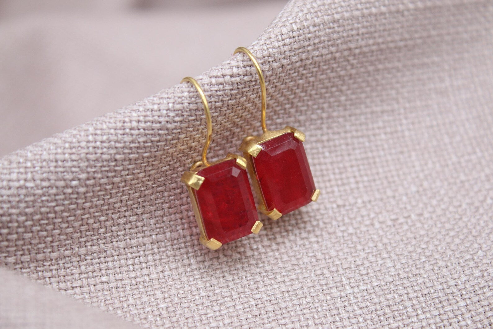 Rectangular Ruby Earrings Gold Plated Sterling Silver Gemstone Earrings