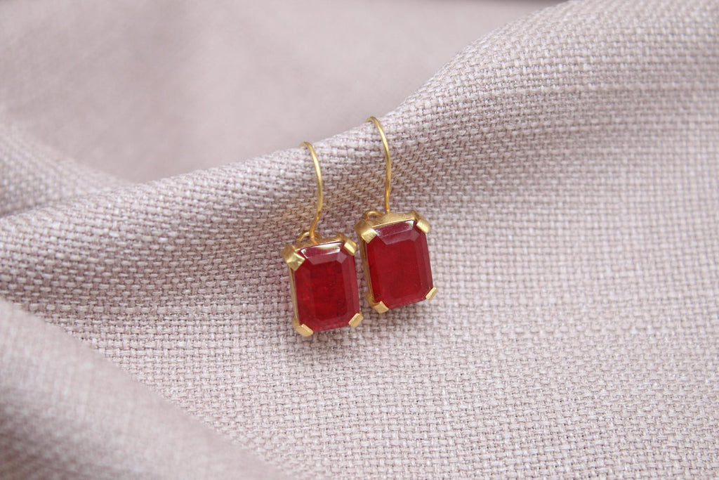 Rectangular Ruby Earrings Gold Plated Sterling Silver Gemstone Earrings