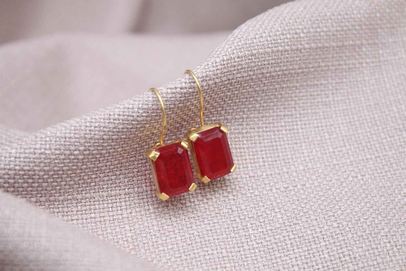 Rectangular Ruby Earrings Gold Plated Sterling Silver Gemstone Earrings
