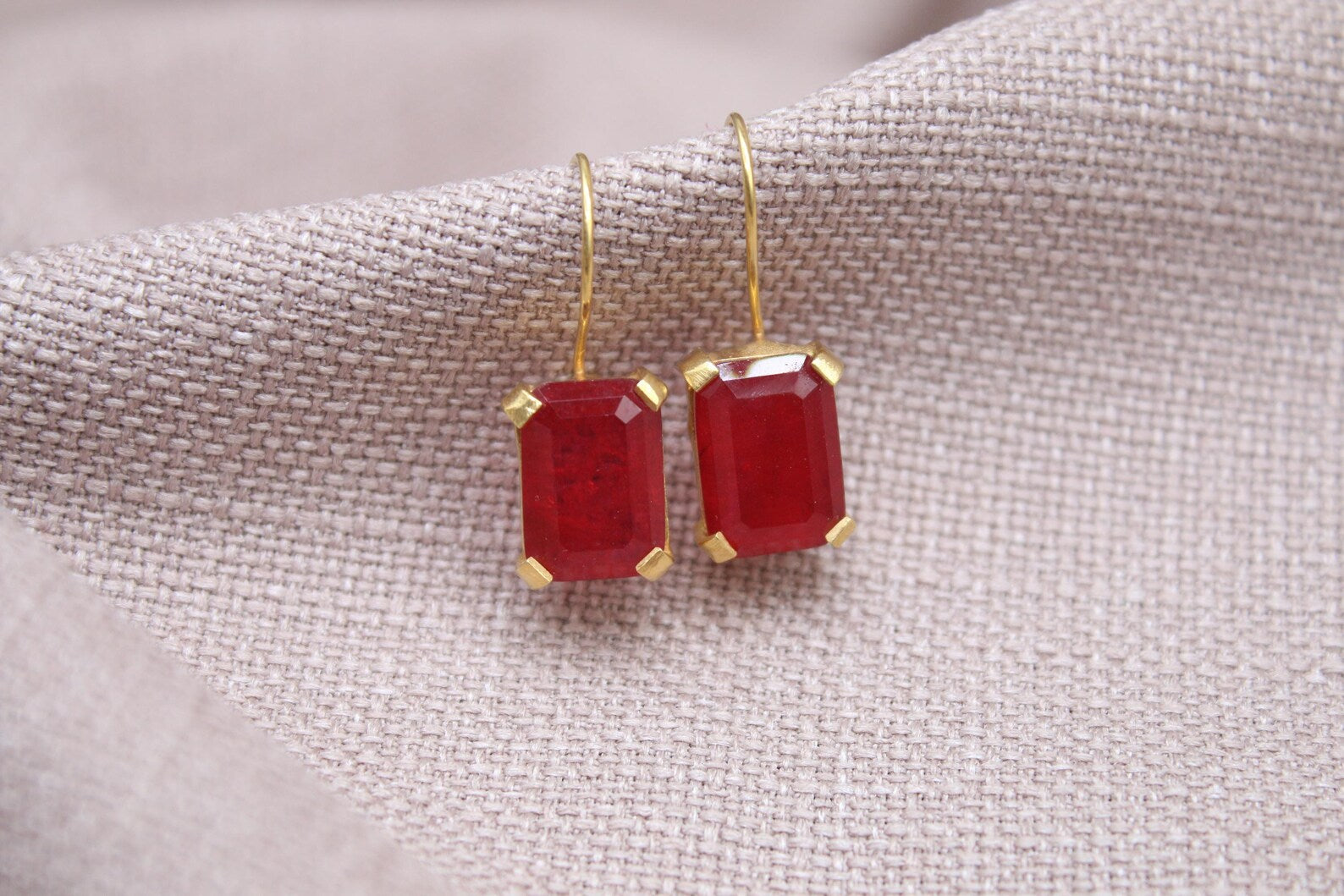 Rectangular Ruby Earrings Gold Plated Sterling Silver Gemstone Earrings