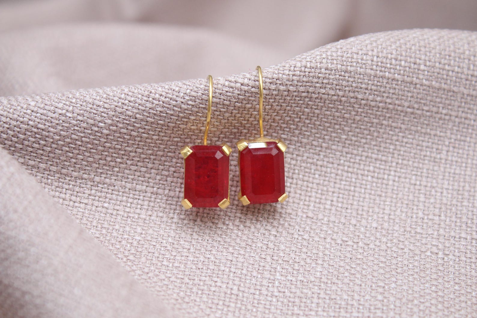 Rectangular Ruby Earrings Gold Plated Sterling Silver Gemstone Earrings