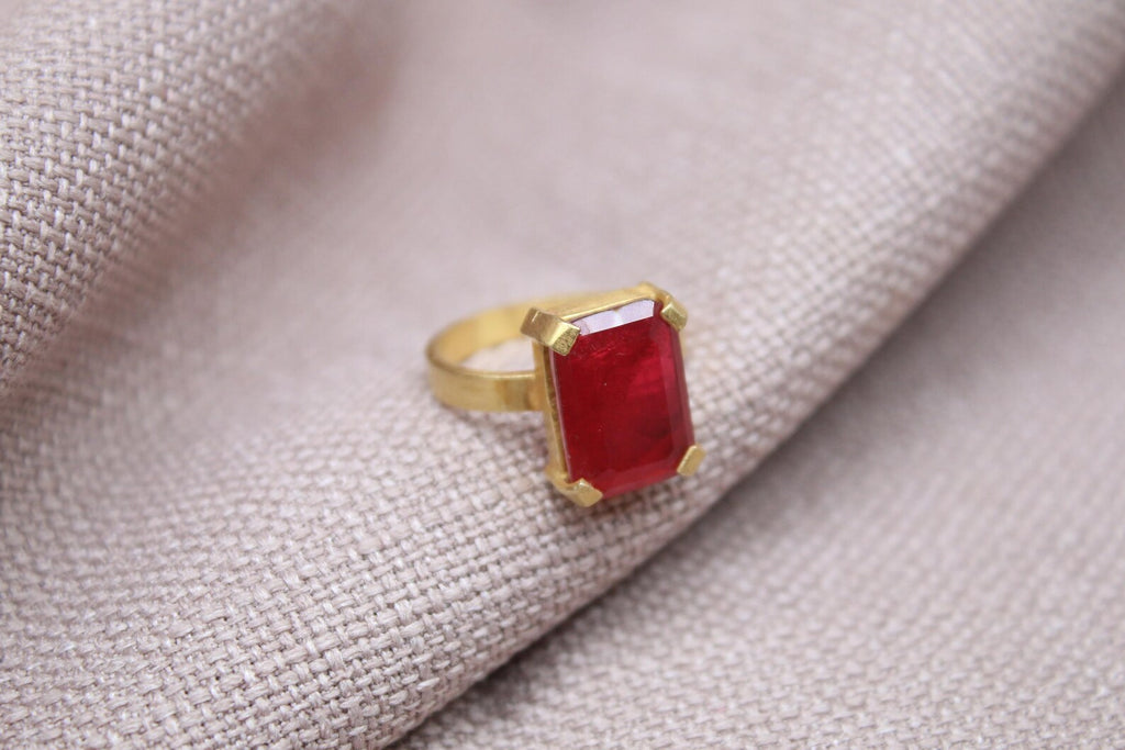Rectangular Ruby Ring Gold Plated Sterling Silver Gemstone Ring