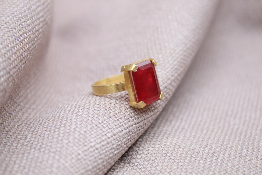 Rectangular Ruby Ring Gold Plated Sterling Silver Gemstone Ring