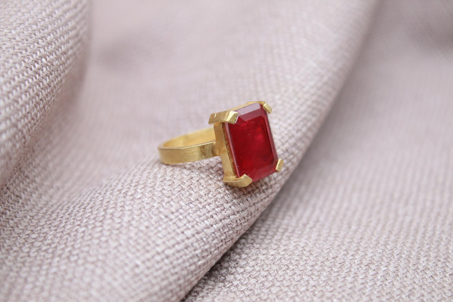 Rectangular Ruby Ring Gold Plated Sterling Silver Gemstone Ring