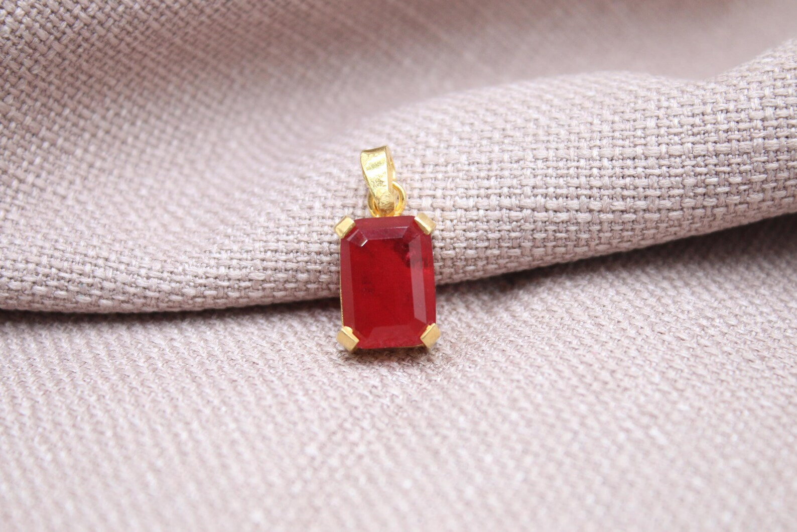 Rectangular Ruby Pendant Gold Plated Sterling Silver Necklace Charm