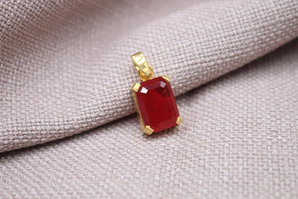 Rectangular Ruby Pendant Gold Plated Sterling Silver Necklace Charm