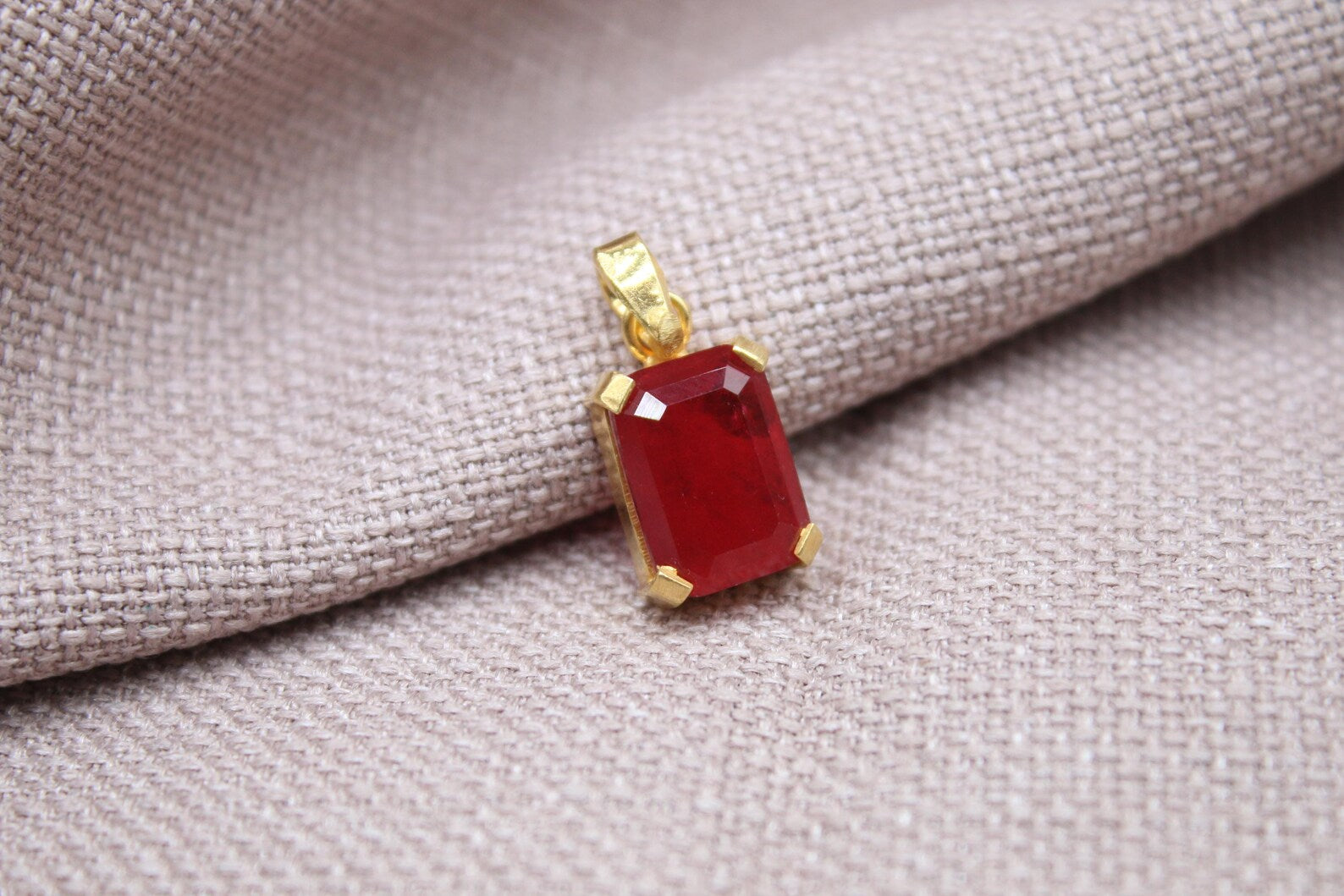 Rectangular Ruby Pendant Gold Plated Sterling Silver Necklace Charm