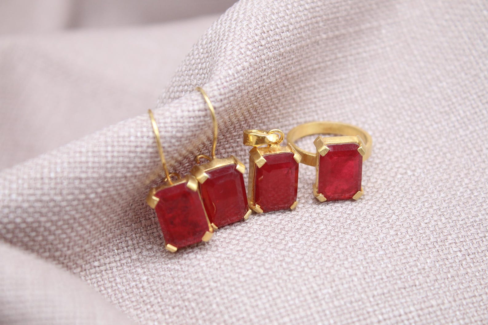 Ruby Jewelry Set Gold Plated Sterling Silver Necklace Ring Earrings