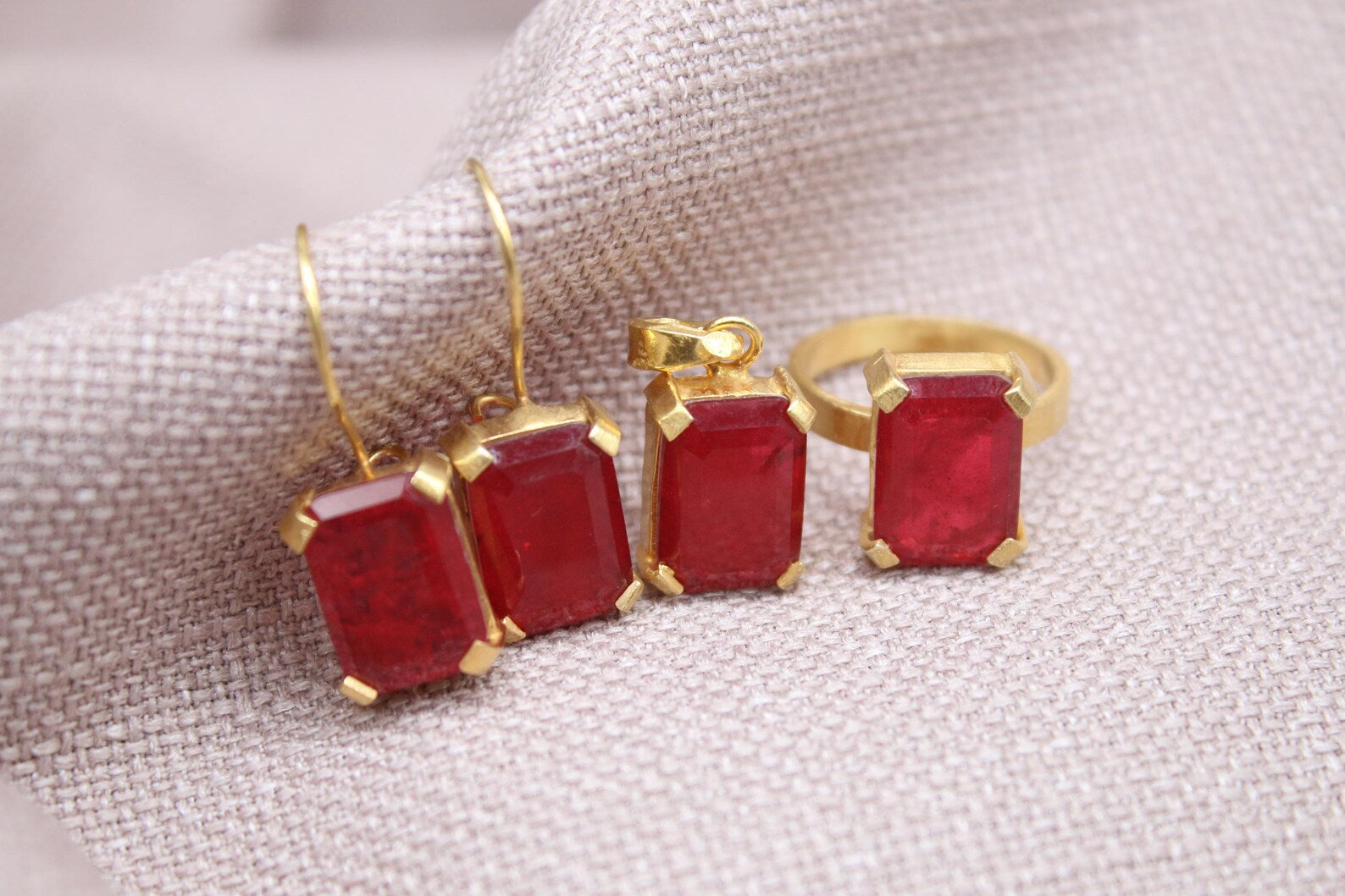 Ruby Jewelry Set Gold Plated Sterling Silver Necklace Ring Earrings