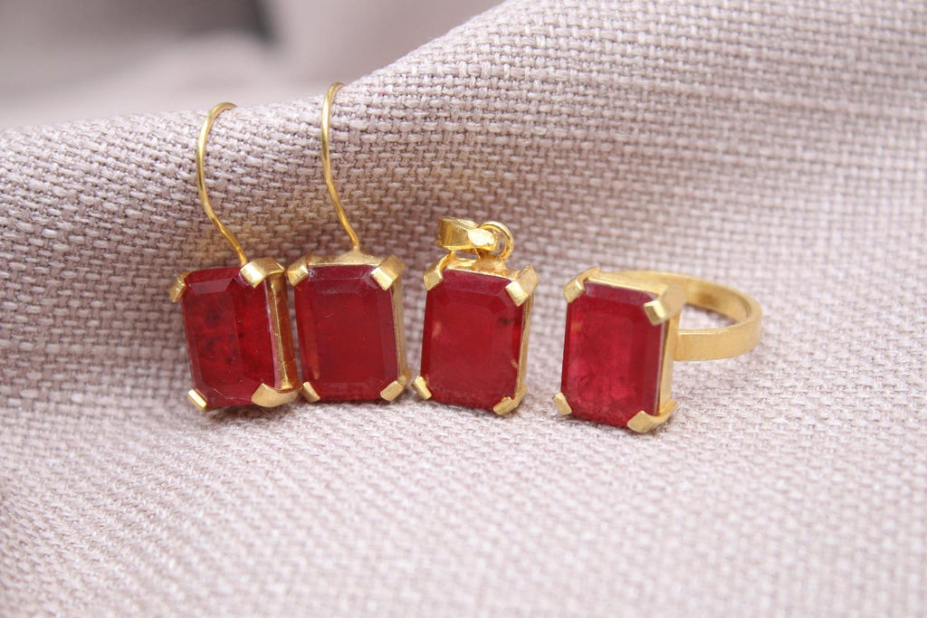 Ruby Jewelry Set Gold Plated Sterling Silver Necklace Ring Earrings
