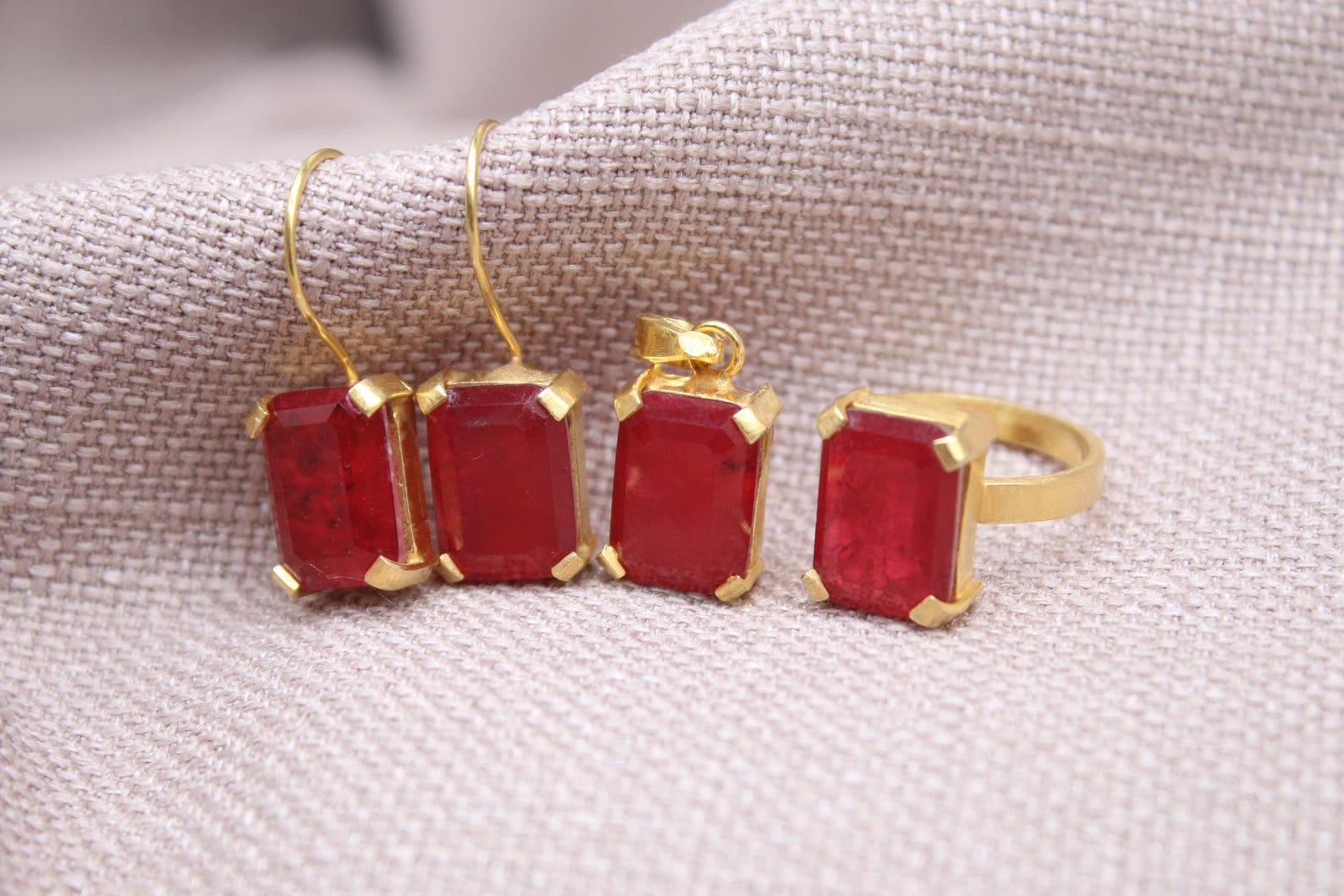 Ruby Jewelry Set Gold Plated Sterling Silver Necklace Ring Earrings