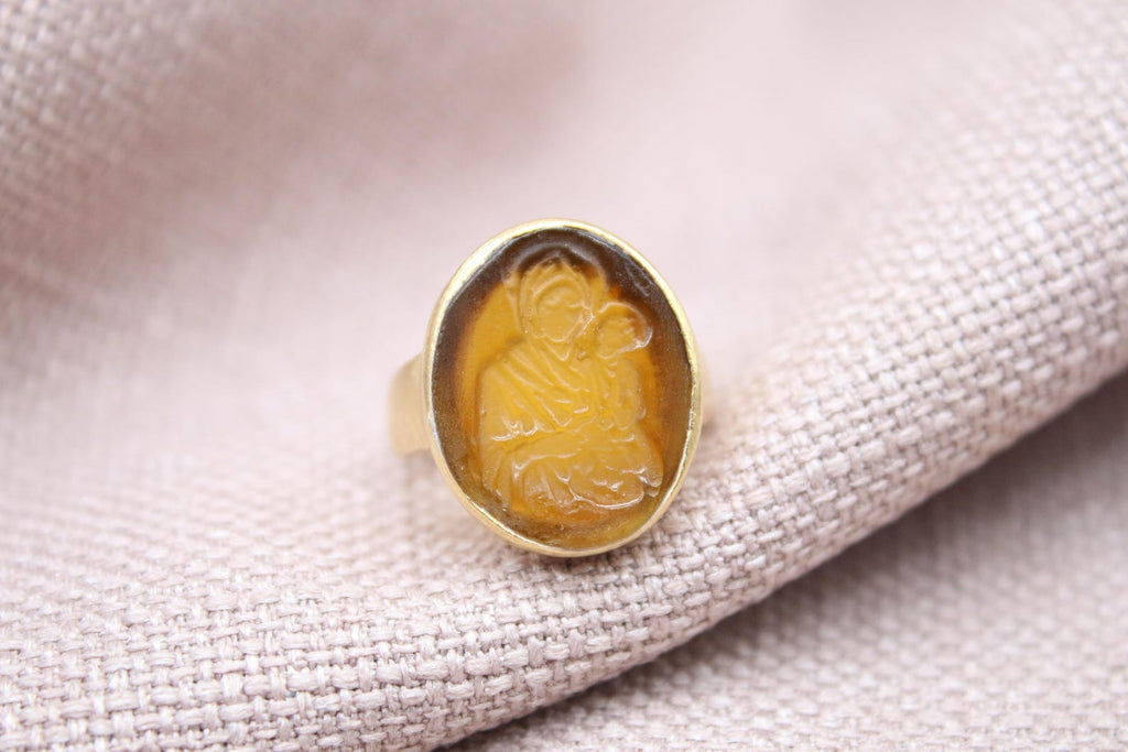 Virgin Mary Intaglio Ring Gold Plated Sterling Silver Religious Ring