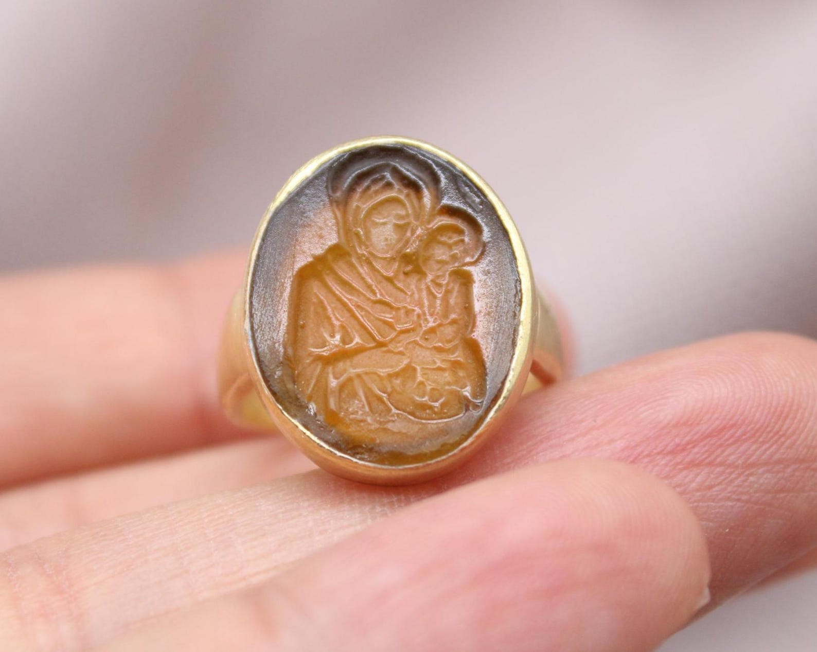 Virgin Mary Intaglio Ring Gold Plated Sterling Silver Religious Ring