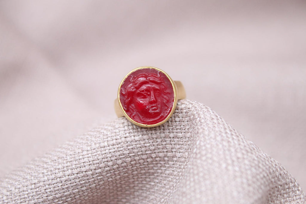 Apollo Intaglio Red Glass Ring Gold Plated Sterling Silver Ring