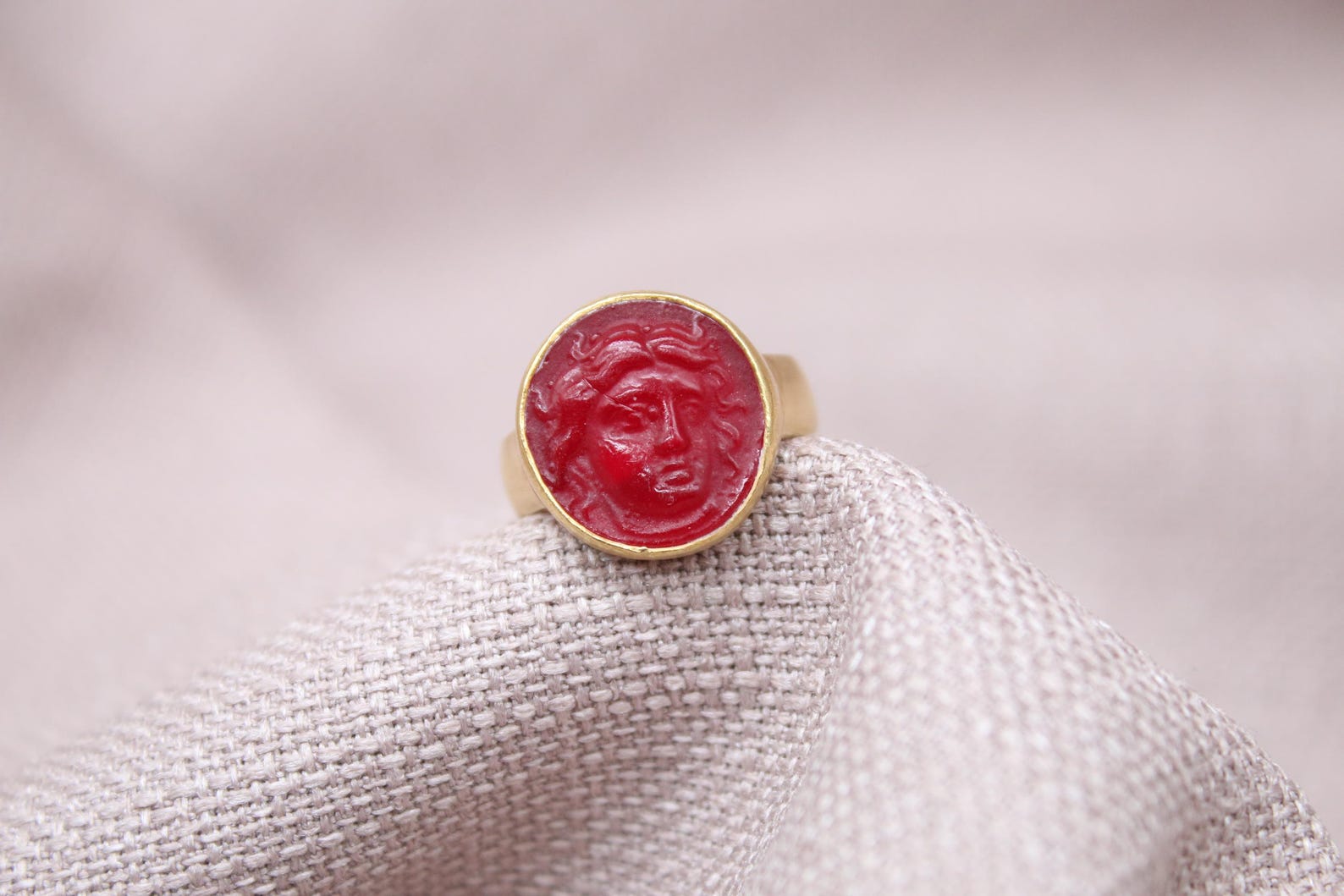 Apollo Intaglio Red Glass Ring Gold Plated Sterling Silver Ring