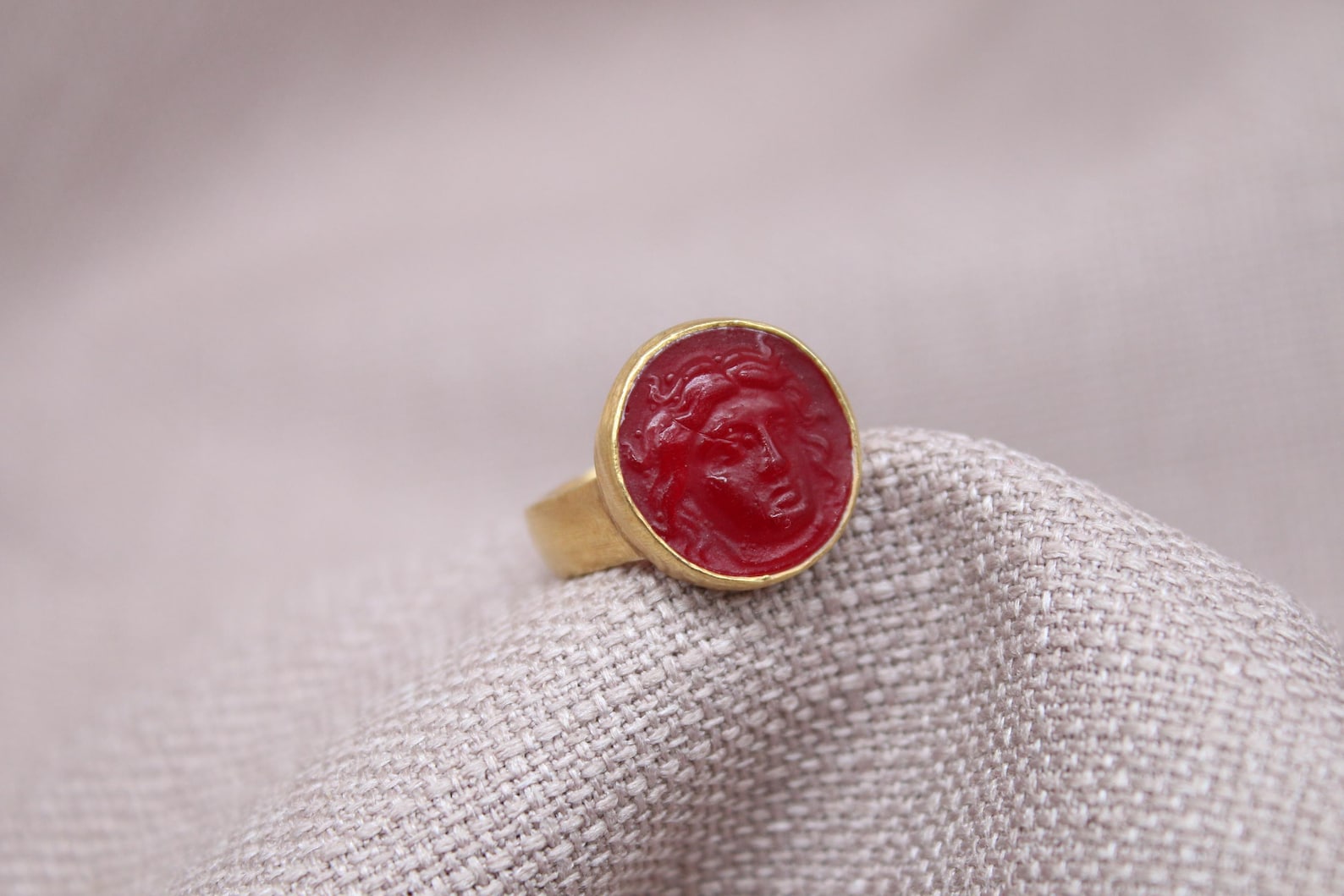 Apollo Intaglio Red Glass Ring Gold Plated Sterling Silver Ring