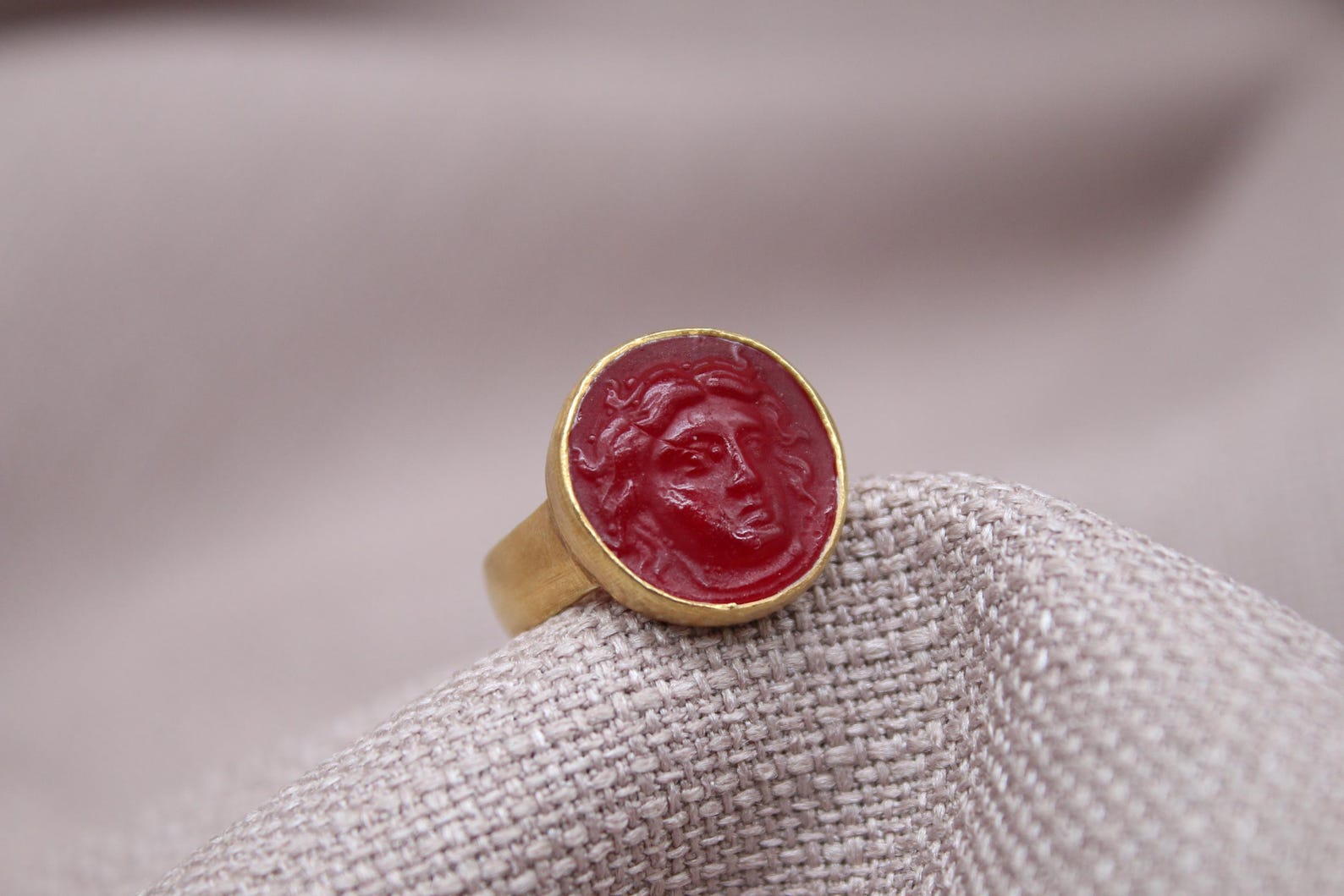 Apollo Intaglio Red Glass Ring Gold Plated Sterling Silver Ring