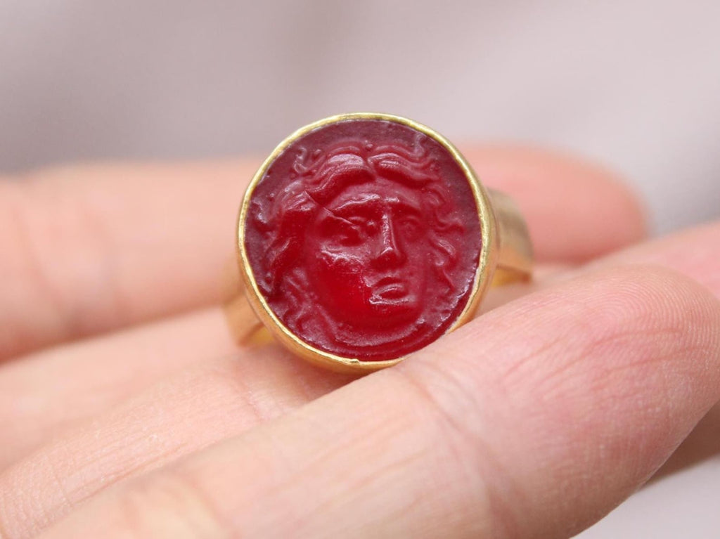 Apollo Intaglio Red Glass Ring Gold Plated Sterling Silver Ring