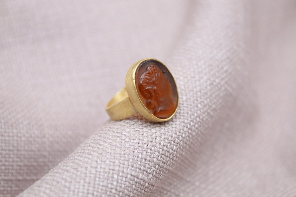 Roman Intaglio Glass Ring Gold Plated Sterling Silver Statement Ring