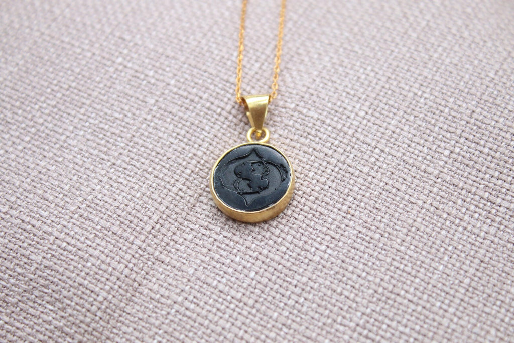 Pisces Intaglio Necklace Gold Plated Sterling Silver Zodiac Pendant,chain length 45 cm