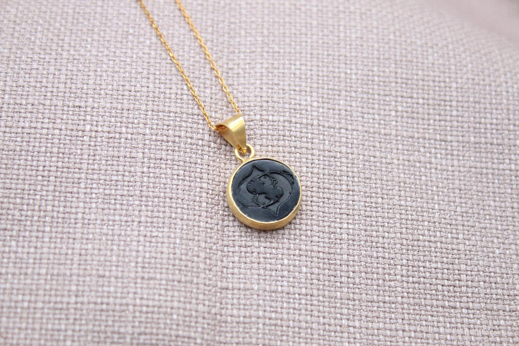 Pisces Intaglio Necklace Gold Plated Sterling Silver Zodiac Pendant,chain length 45 cm