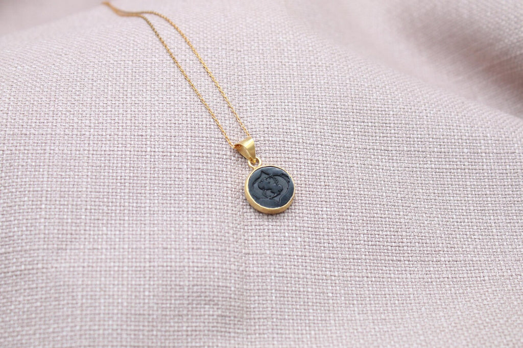 Pisces Intaglio Necklace Gold Plated Sterling Silver Zodiac Pendant,chain length 45 cm