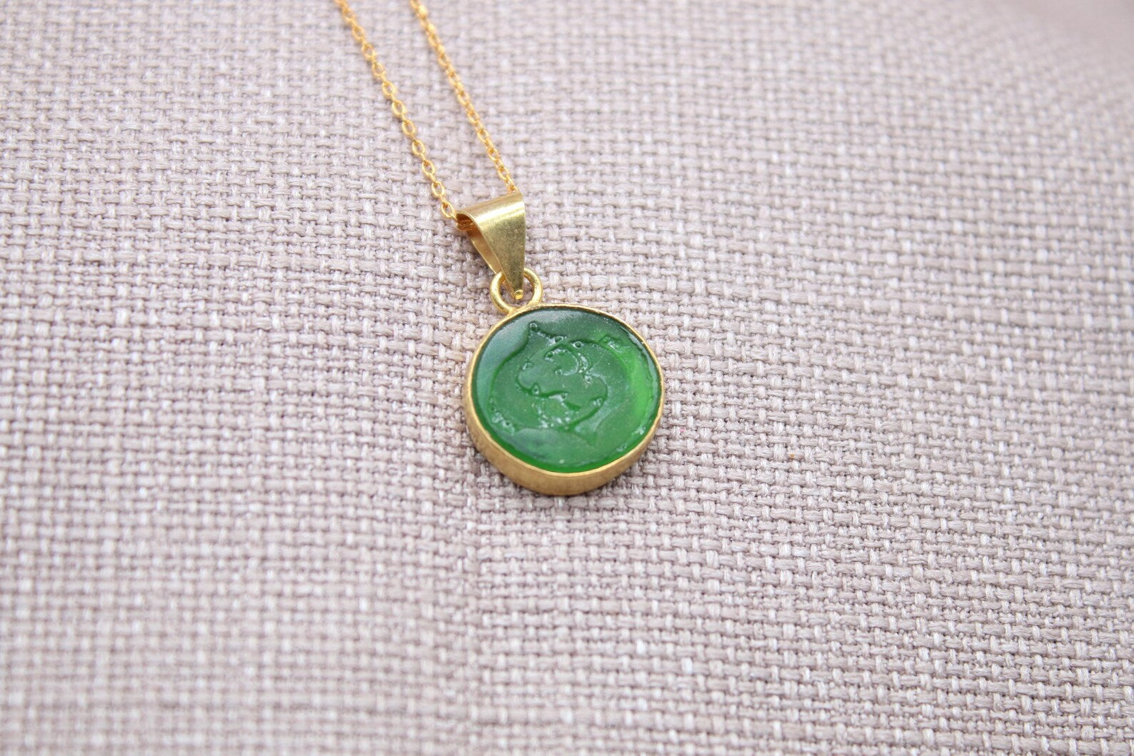 Pisces Intaglio Necklace Green Glass Gold Plated Sterling Silver Necklace