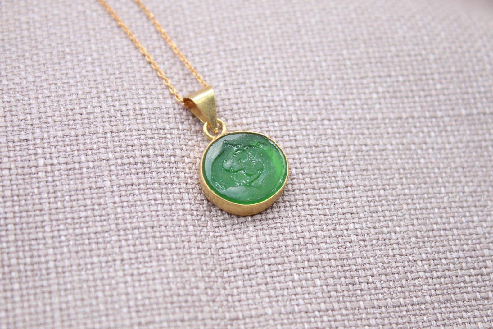 Pisces Intaglio Necklace Green Glass Gold Plated Sterling Silver Necklace