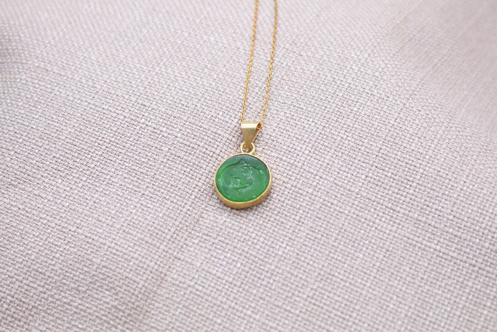 Pisces Intaglio Necklace Green Glass Gold Plated Sterling Silver Necklace