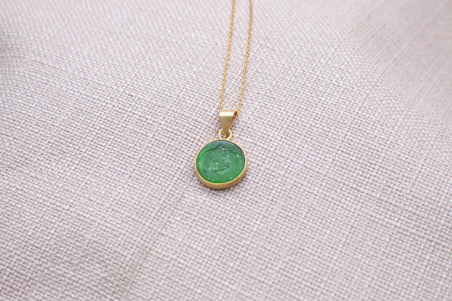 Pisces Intaglio Necklace Green Glass Gold Plated Sterling Silver Necklace