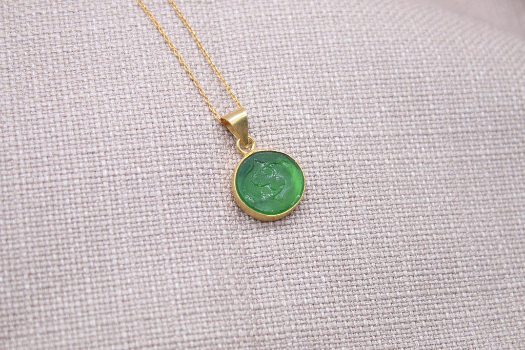 Pisces Intaglio Necklace Green Glass Gold Plated Sterling Silver Necklace