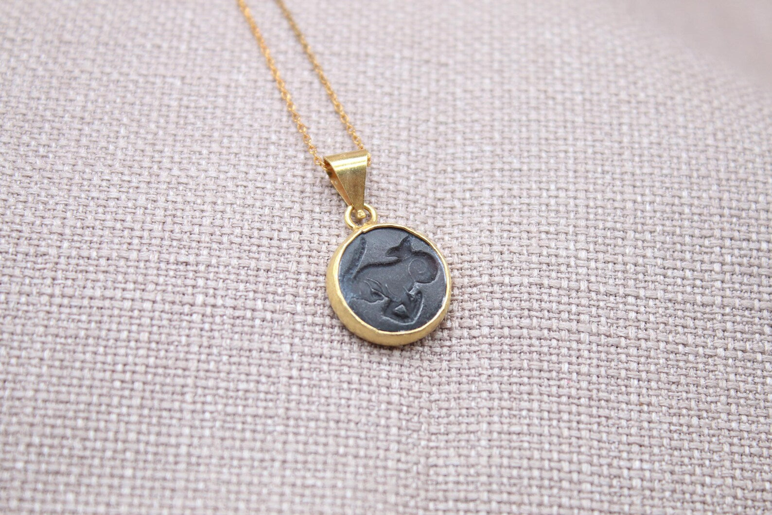 Capricorn Intaglio Necklace Black Glass Gold Plated Sterling Silver Necklace