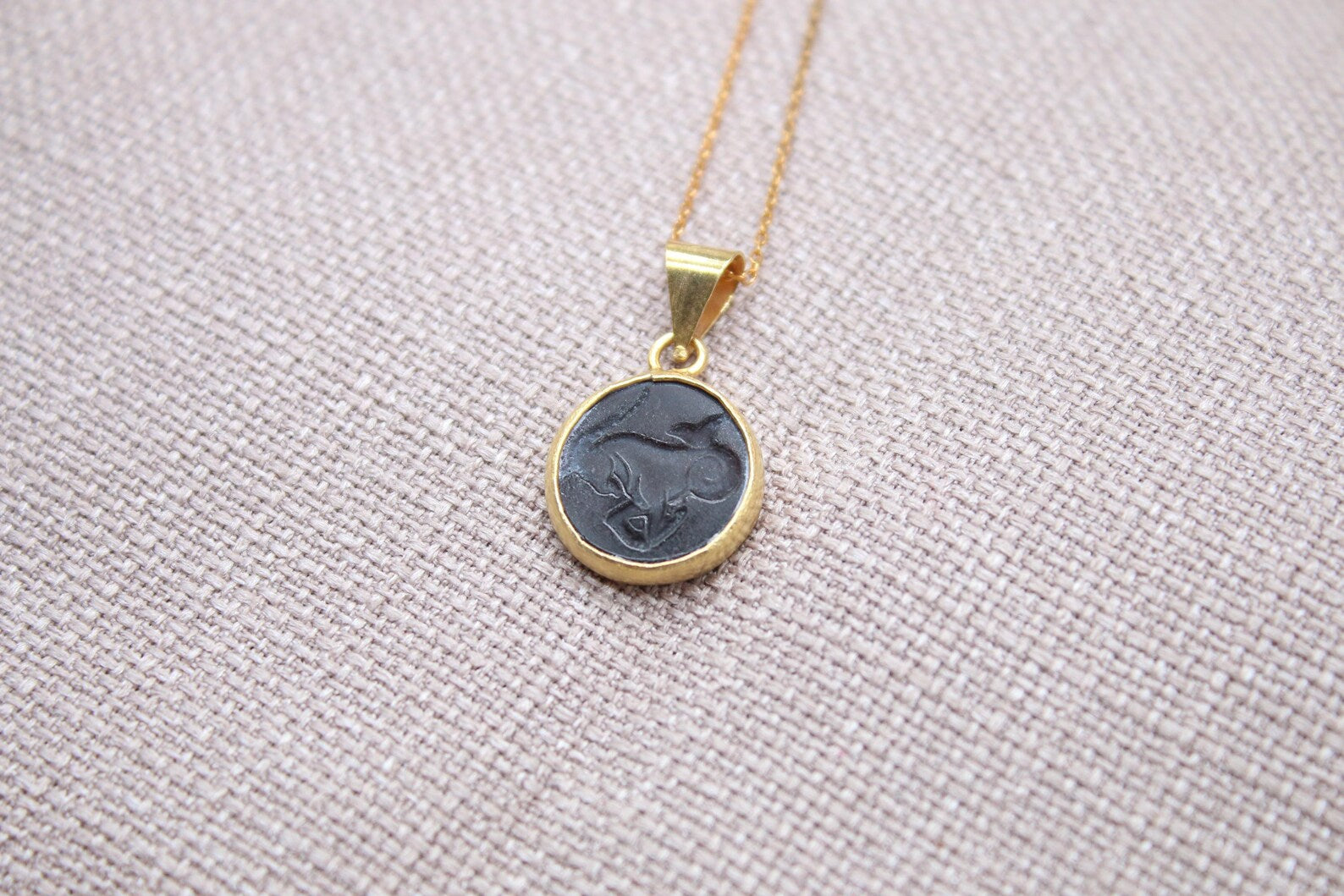 Capricorn Intaglio Necklace Black Glass Gold Plated Sterling Silver Necklace