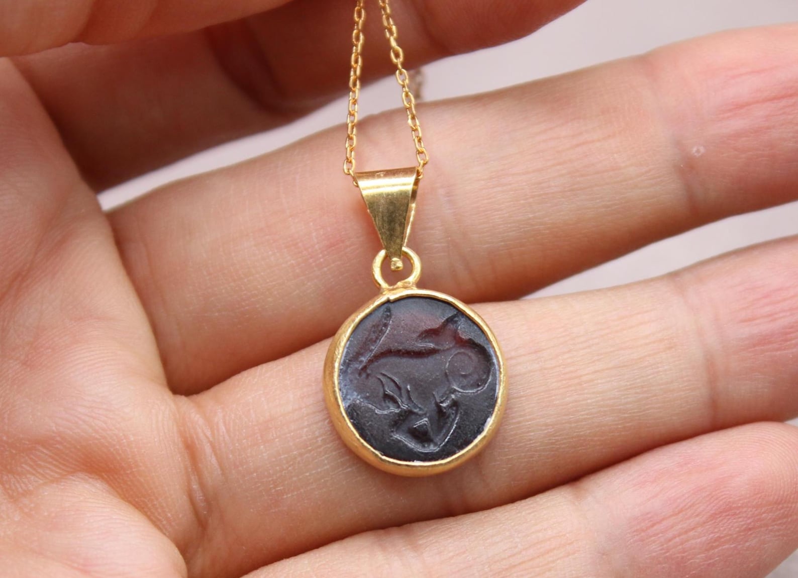 Capricorn Intaglio Necklace Black Glass Gold Plated Sterling Silver Necklace