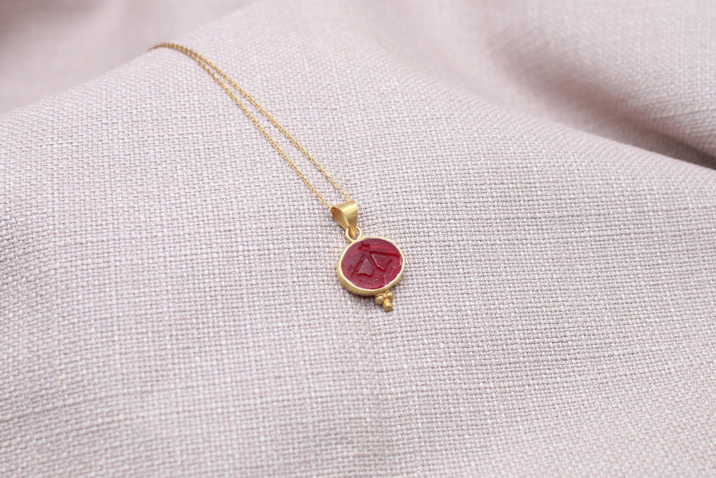 Sagittarius Intaglio Necklace Red Glass Gold Plated Sterling Silver Necklace
