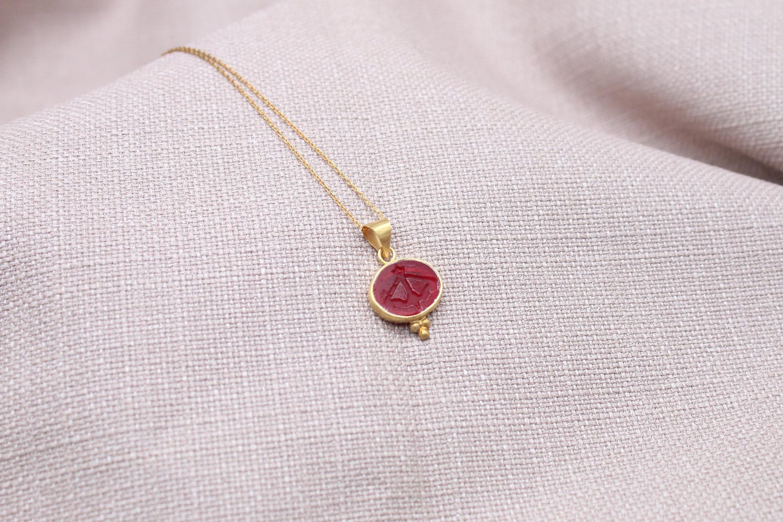 Sagittarius Intaglio Necklace Red Glass Gold Plated Sterling Silver Necklace