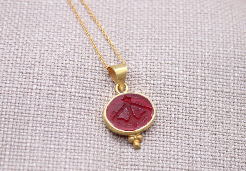 Sagittarius Intaglio Necklace Red Glass Gold Plated Sterling Silver Necklace