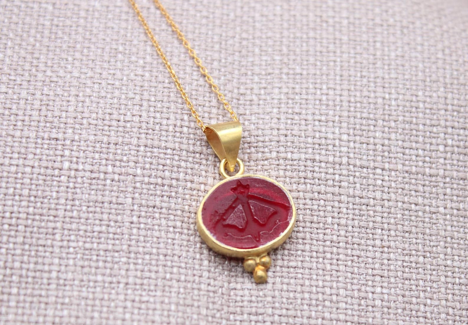Sagittarius Intaglio Necklace Red Glass Gold Plated Sterling Silver Necklace