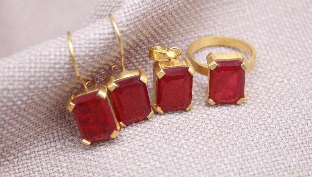 Ruby Jewelry Set Gold Plated Sterling Silver Necklace Ring Earrings