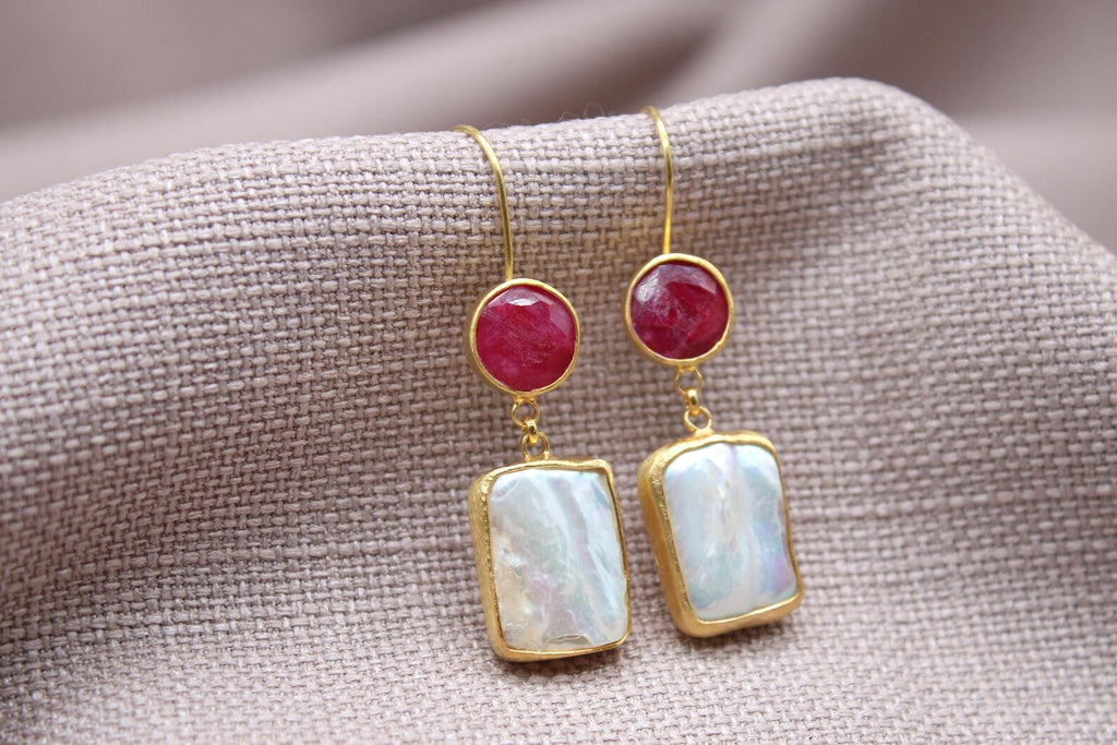 Ruby Pearl Drop Earrings Gold Plated Sterling Silver Statement Earrings