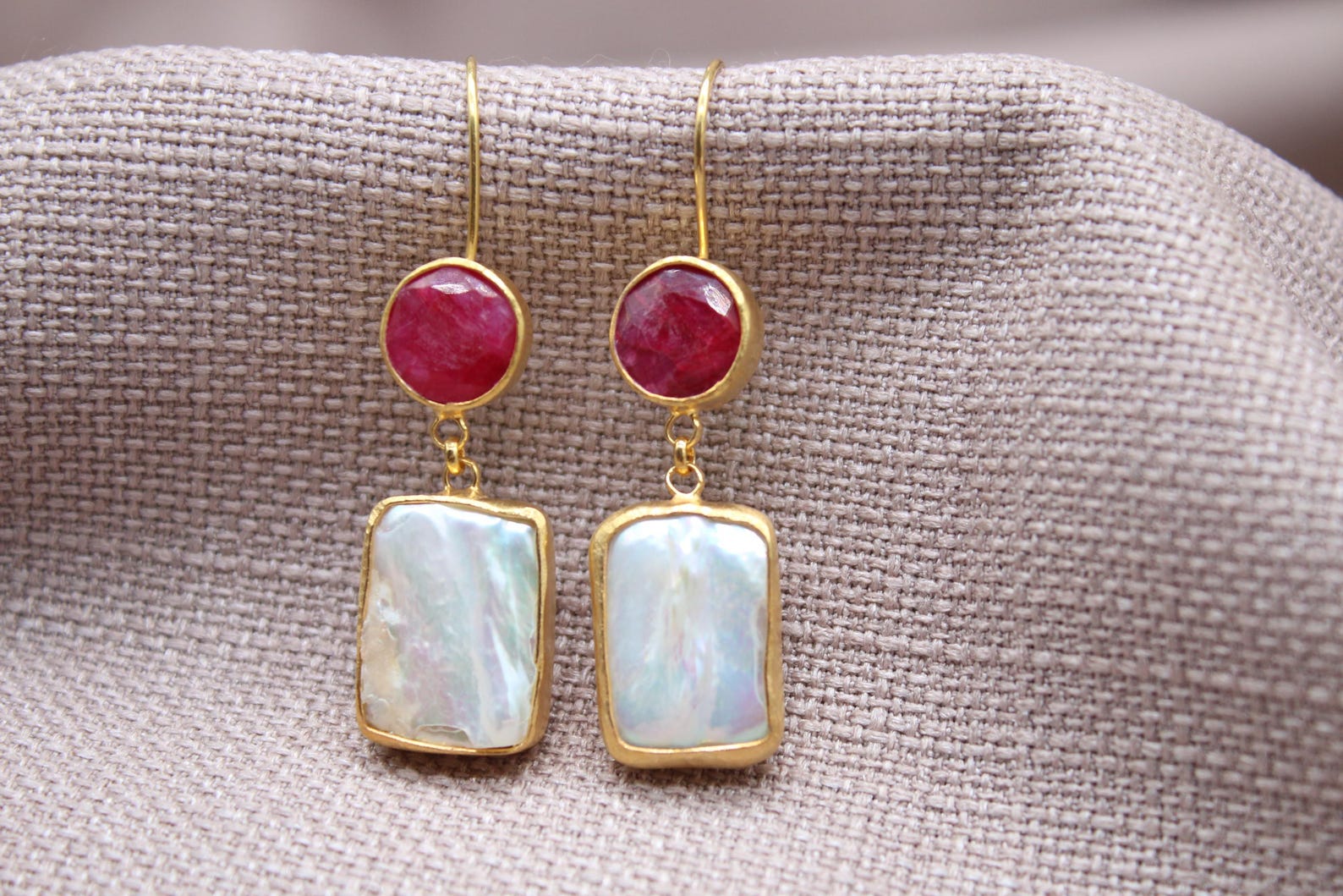 Ruby Pearl Drop Earrings Gold Plated Sterling Silver Statement Earrings