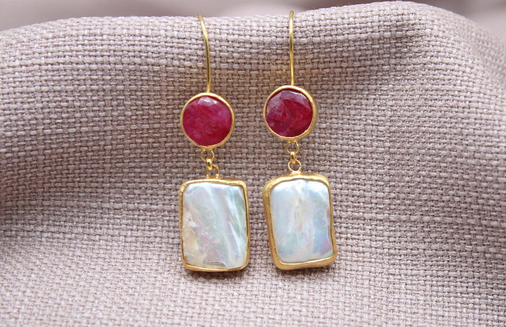 Ruby Pearl Drop Earrings Gold Plated Sterling Silver Statement Earrings