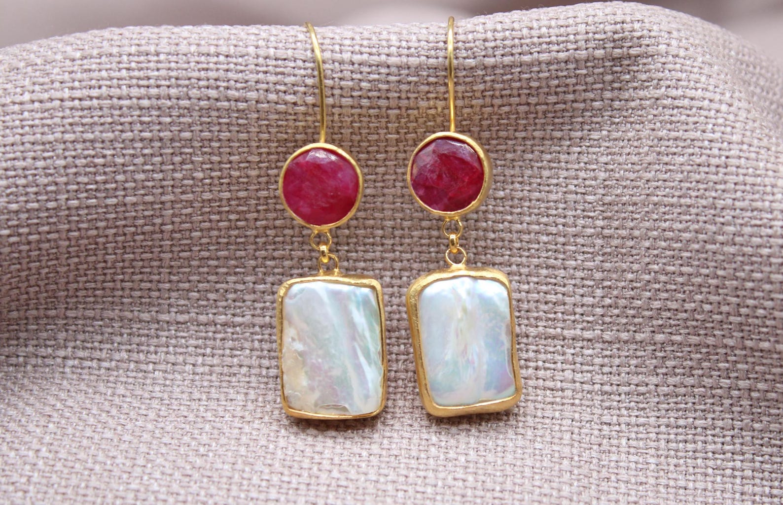 Ruby Pearl Drop Earrings Gold Plated Sterling Silver Statement Earrings